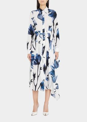 Bellflower-Print Asymmetric Midi Shirtdress