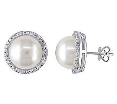 Bellini Cultured Pearl & Diamond Halo Earrings, 14K White Gold