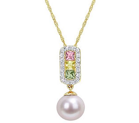 Bellini Cultured Pearl & Sapphire Pendant w/ Ch ain, 14K Gold