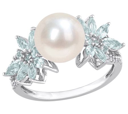 Bellini Cultured Pearl, Aquamarine & Diamond Ri g, 14K Gold