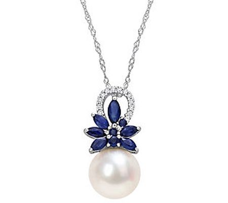 Bellini Pearl, Sapphire & Diamond Pendant w/ Ch ain, 14K Gold