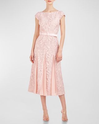Belted Cap-Sleeve A-Line Lace Midi Dress