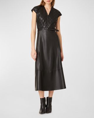 Belted Cap-Sleeve Faux Leather Midi Dress