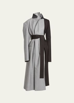 Belted Chalk Stripe Overcoat with Dual Panels