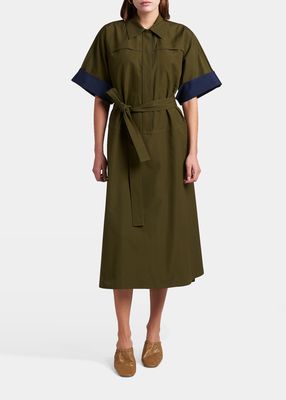 Belted Cotton Canvas Midi Dress