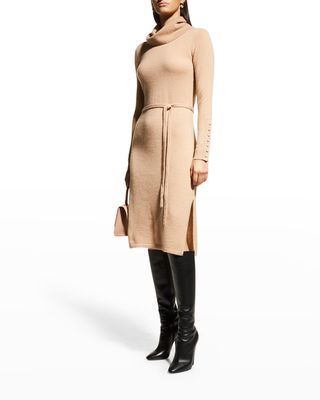 Belted Cowl-Neck Cashmere Midi Dress
