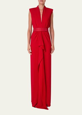 Belted Crepe Gown with Ruffle Front Detail