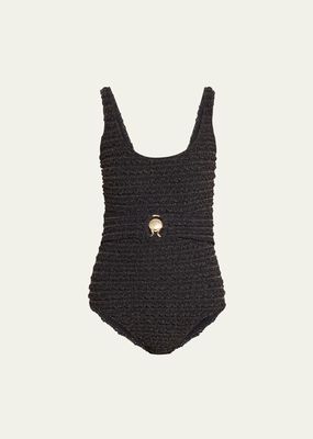 Belted Crinkle Lurex One-Piece Swimsuit