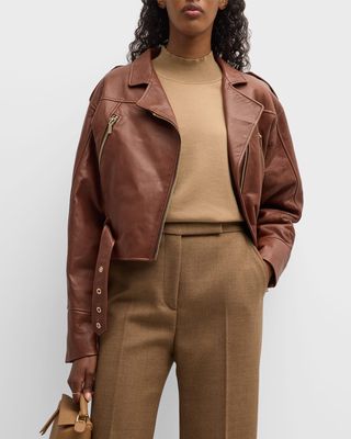 Belted Cropped Leather Moto Jacket