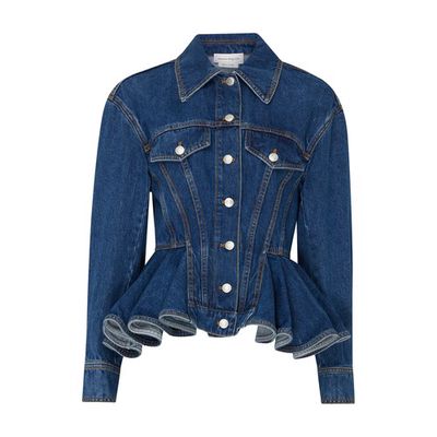 Belted denim jacket with ruffles