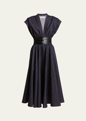 Belted Denim Midi Dress with Contrast Seams