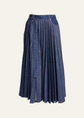 Belted Denim Pleated Midi Skirt