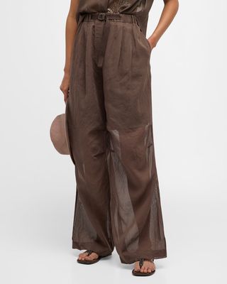Belted Double-Pleated Cotton-Gauze Pants With Lining
