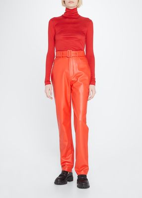 Belted Faux Leather Slim-Leg Pants