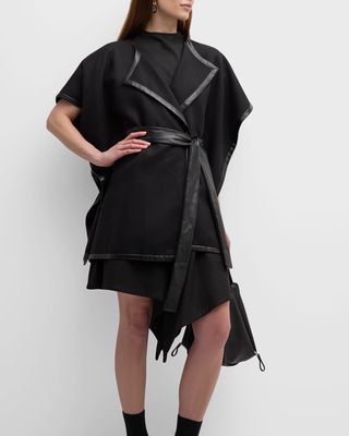 Belted Faux Leather-Trim Poncho Topper