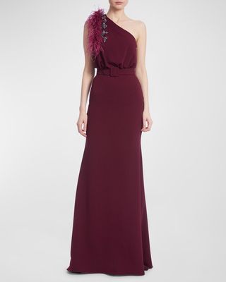 Belted Feather-Trim One-Shoulder Gown