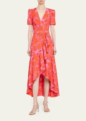 Belted Floral-Print High-Low Midi Dress