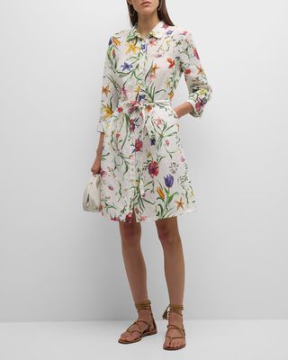 Belted Floral-Print Linen Midi Shirtdress