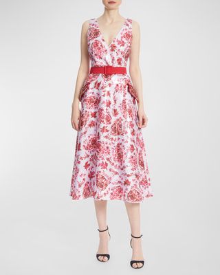 Belted Floral-Print Sequin Midi Dress