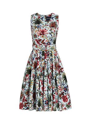 Belted Floral Stretch Cotton Knee-Length Dress