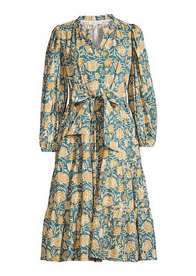 Belted Floral Textured Cotton Dress