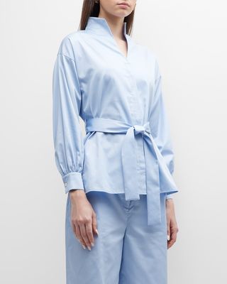 Belted Funnel-Neck Cotton Poplin Blouse