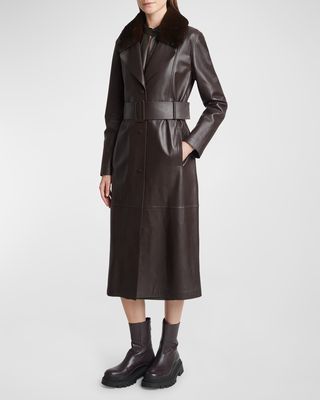 Belted Leather Trench Coat with Shearling Collar