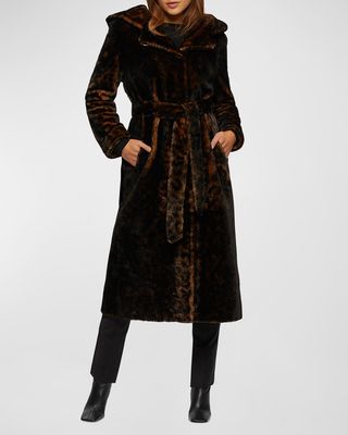 Belted Leopard-Print Lamb Shearling Hooded Long Coat
