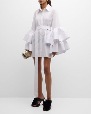 Belted Mini Shirtdress with Jumbo Ruffle Sleeves