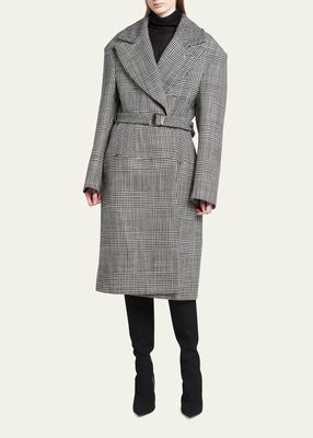 Belted Patchwork Prince Of Wales Wool Overcoat