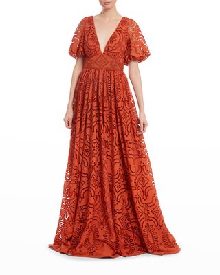 Belted Puff-Sleeve Cutout Lace Gown