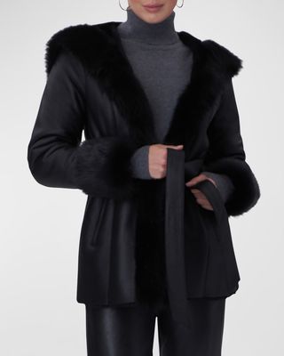 Belted Shearling Lamb Hooded Jacket With Toscana Trim And Cuffs