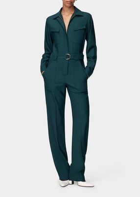 Belted Straight-Leg Wool Utility Jumpsuit
