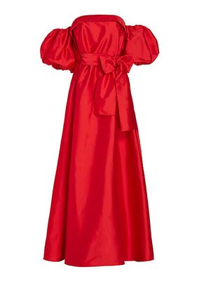 Belted Taffeta Off-The-Shoulder Gown