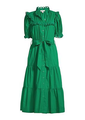 Belted Tiered Cotton Poplin Midi-Dress