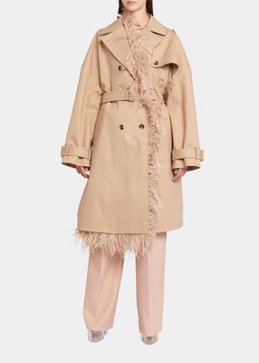 Belted Trench Coat with Feather Detail