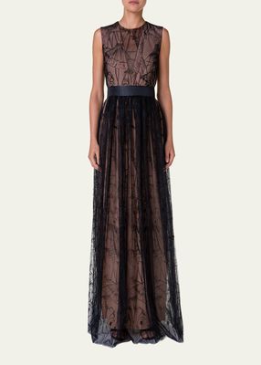Belted Tulle Gown with Croquis Embroidered Details
