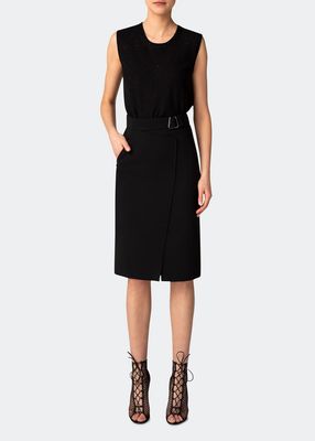 Belted Wool Double-Face Wrap Pencil Skirt