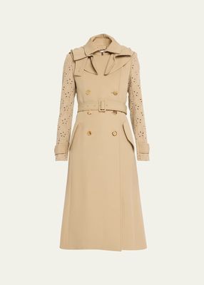 Belted Wool Trench Coat with Eyelet-Embroidered Sleeves