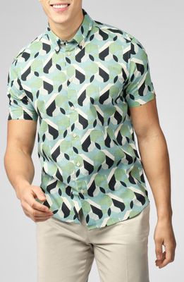 Ben Sherman Art Deco Print Short Sleeve Button-Down Shirt in Grass Green 