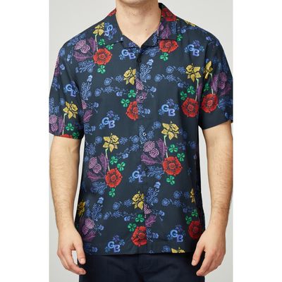 Ben Sherman GB Floral Regular Fit Camp Shirt in Dark Navy 