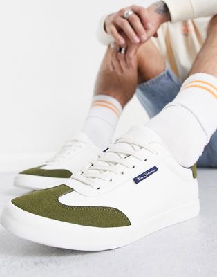 Ben Sherman lace up contrast sneakers in white and olive