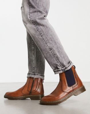Ben Sherman leather chunky chelsea boots in tan-Brown