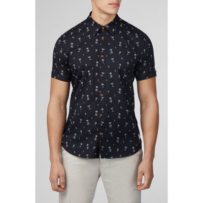 Ben Sherman Party Print Short Sleeve Button-Up Shirt in Black 