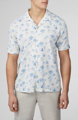 Ben Sherman Resort Tropical Print Linen & Cotton Camp Shirt in Ivory Blue