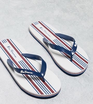 Ben Sherman wide fit striped print flip flops in white/red/navy-Multi