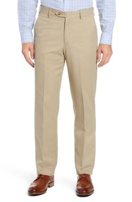 Berle Classic Fit Flat Front Microfiber Performance Trousers in Tan