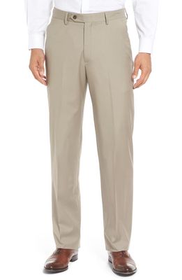 Berle Flat Front Solid Wool Trousers in Tan