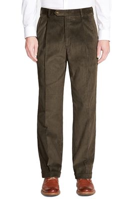 Berle Italian 8-Wale Luxury Corduroy Pleated Trousers in Olive