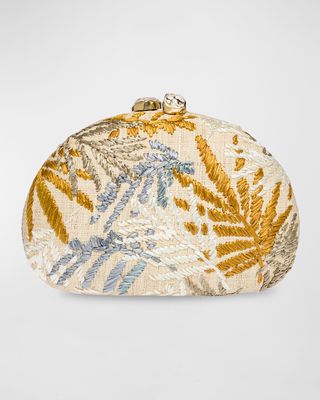 Berna Embroidered Palm Leaves Straw Clutch Bag